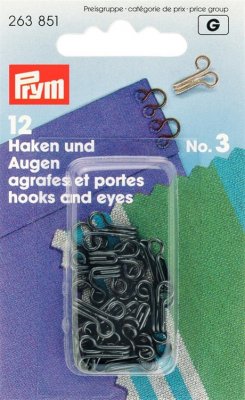 263851 PRYM - Hyska och Hake No3 Svart 12 st  Hooks and Eyes brass 3 black
