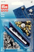 403101 PRYM - Jeans nitar 9 mm Silver / Antik Stål  24 st  24st 9mm jeansnitarSilver förpackningen innehåller verktyg till både
