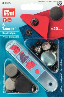 390377 PRYM - Tryckknappar Anorak 20 mm, SVART  Non-sew fasteners ANORAK flat black oxidized matt 20 mm