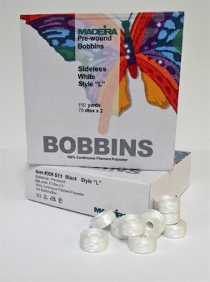 308-VIT MADEIRA undertrådspolar No.150, 100% polyester färdigspolade pappspolar 120M, för brodyr 144 st