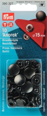 390 327 - PRYM - Tryckknappar Anorak Storlek 15 mm 10 st SVART OXIDERAD - Refill för 390302