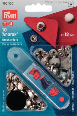 390330 PRYM - Tryckknappar Anorak 12 mm Silver 10 st Non-sew fasteners ANORAK brass silver col 12 mm
