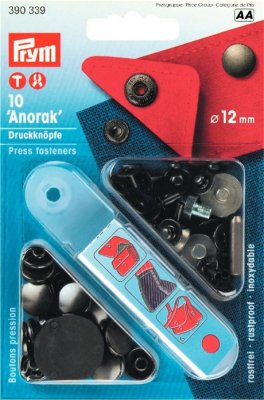 390339 PRYM - Tryckknappar Anorak 12 mm Svart oxierad-färg 10 st Non-sew fasteners ANORAK brass black oxidized 12 mm