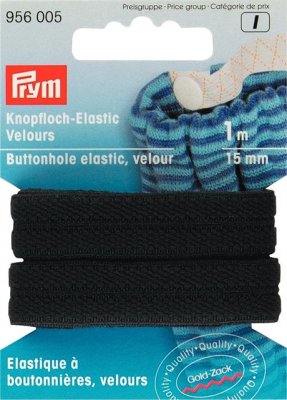 956005 PRYM - Resårband av velour med knapphål 15mm, 1M Buttonhole Elastic Velour Tape 15 mm black