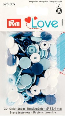 393009 PRYM - Love Color Snaps blandade 30 st  10 st Mörkblå, 10 st Ljusblå, 10 st Vita  Prym Love Color pl.press 12.4mm  Denna