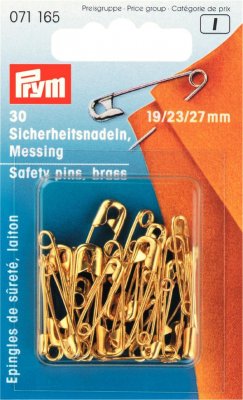 071165 PRYM - Säkerhetsnålar 3 Olika storlekar 13, 23 och 27 mm. Innehåller 30 stycken  Safety Pins with coil brass 105d 3/0-1 g