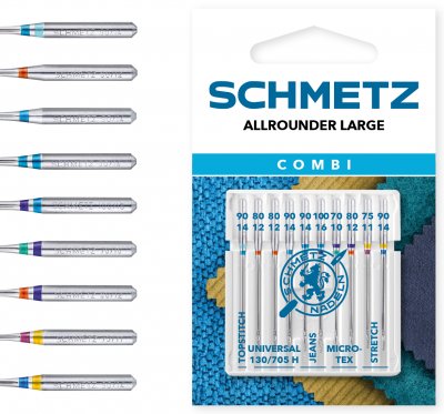 262222 Schmetz Combi ALLROUNDER LARGE / Topstitch 70, Universal 2x80,1x90, Jeans 1x90,1x100, Microtex 1x70,1x80, Stretch 1x75,1x